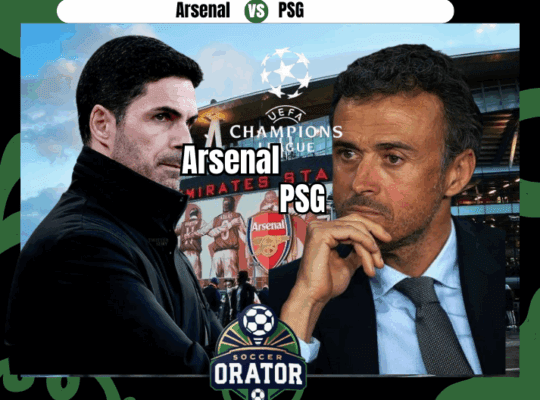 Mikel Arteta and Luiz enrique posing for the UCL semifinal clash with Emirates stadium as backdrop