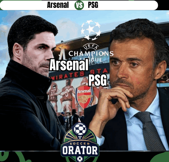 Mikel Arteta and Luiz enrique posing for the UCL semifinal clash with Emirates stadium as backdrop