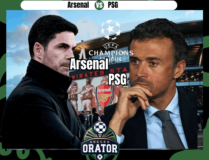 Mikel Arteta and Luiz enrique posing for the UCL semifinal clash with Emirates stadium as backdrop