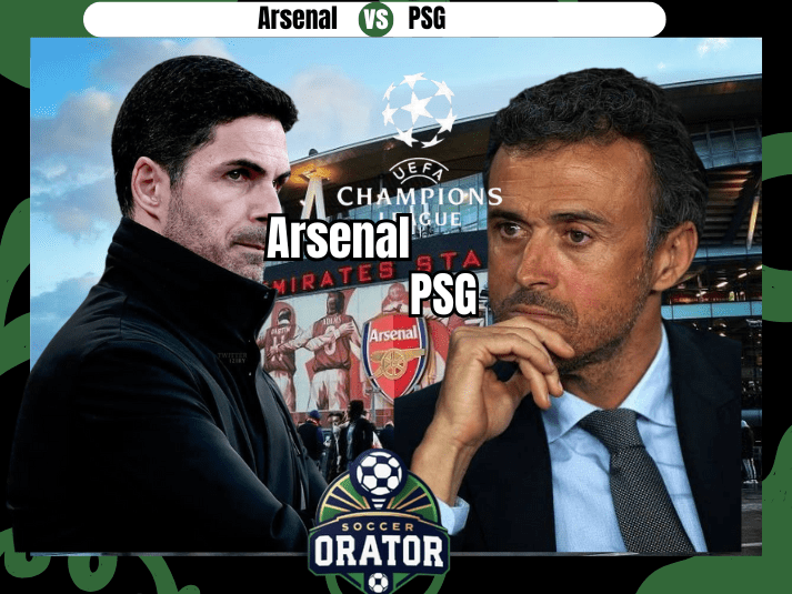 Mikel Arteta and Luiz enrique posing for the UCL semifinal clash with Emirates stadium as backdrop