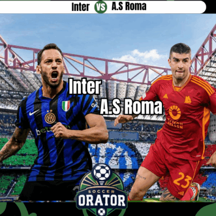 Hakan Çalhanoğlu and Lorenzo Pellegrini with the backfrop of thre Guiseppe Meazza Stadium ahead of their clash on 27 April 2025