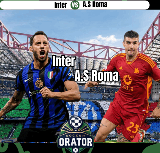 Hakan Çalhanoğlu and Lorenzo Pellegrini with the backfrop of thre Guiseppe Meazza Stadium ahead of their clash on 27 April 2025