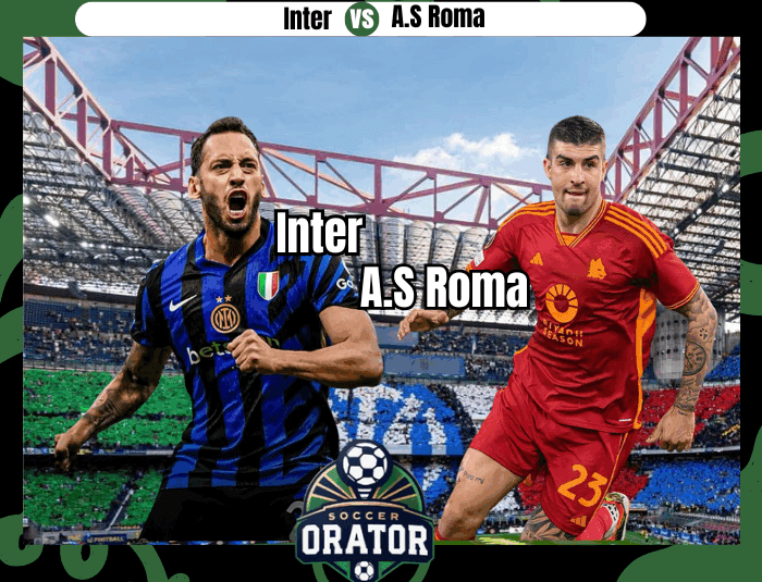 Hakan Çalhanoğlu and Lorenzo Pellegrini with the backfrop of thre Guiseppe Meazza Stadium ahead of their clash on 27 April 2025