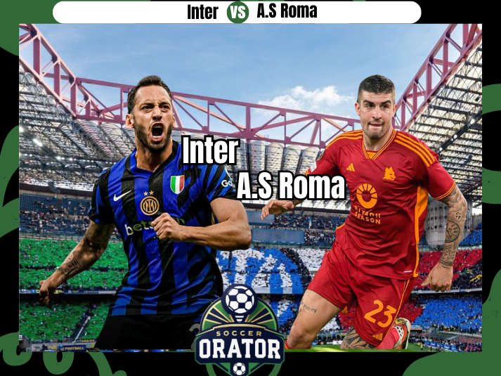 Hakan Çalhanoğlu and Lorenzo Pellegrini with the backfrop of thre Guiseppe Meazza Stadium ahead of their clash on 27 April 2025