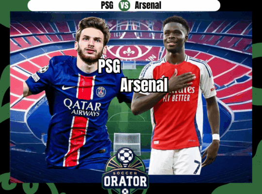 Kvaraskelia and Bukayo Saka posing for their 2nd leg UCL semi final clash of PSG vs Arsenal with Parc des Princes stadium as backdrop