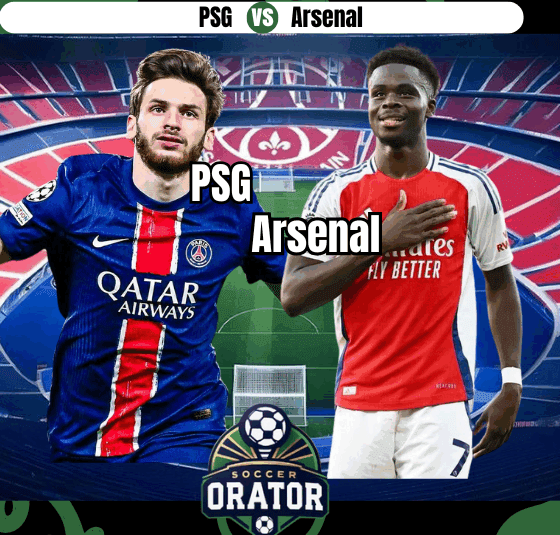Kvaraskelia and Bukayo Saka posing for their 2nd leg UCL semi final clash of PSG vs Arsenal with Parc des Princes stadium as backdrop
