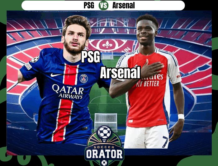 Kvaraskelia and Bukayo Saka posing for their 2nd leg UCL semi final clash of PSG vs Arsenal with Parc des Princes stadium as backdrop