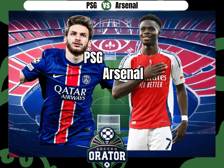 Kvaraskelia and Bukayo Saka posing for their 2nd leg UCL semi final clash of PSG vs Arsenal with Parc des Princes stadium as backdrop