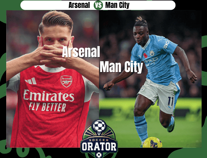 Gykores and Doku pose for Arsenal vs Man City