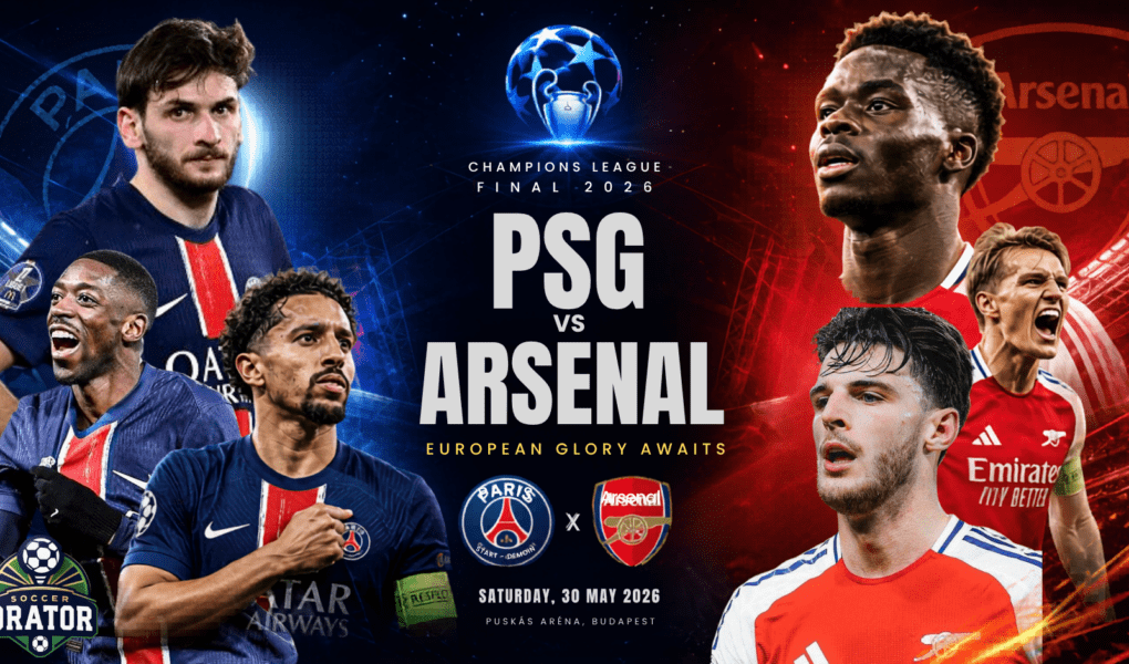 A professional, high-contrast match day sports graphic promoting the 2026 UEFA Champions League Final between Paris Saint-Germain (PSG) and Arsenal on Saturday, 30 May 2026, at the Puskás Aréna in Budapest.