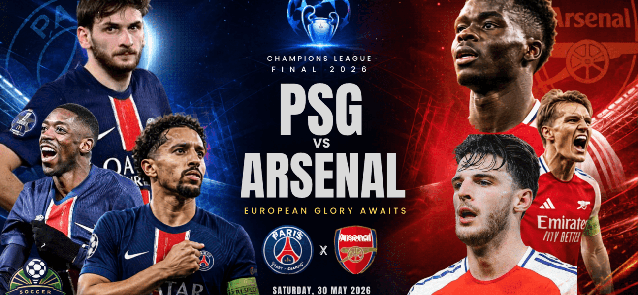 A professional, high-contrast match day sports graphic promoting the 2026 UEFA Champions League Final between Paris Saint-Germain (PSG) and Arsenal on Saturday, 30 May 2026, at the Puskás Aréna in Budapest.