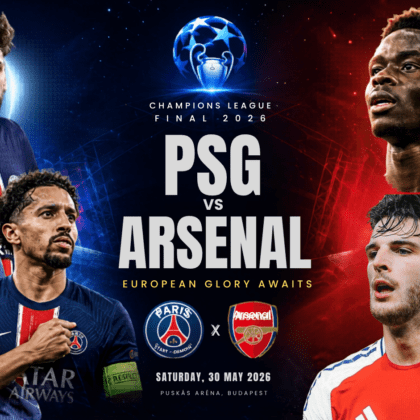 A professional, high-contrast match day sports graphic promoting the 2026 UEFA Champions League Final between Paris Saint-Germain (PSG) and Arsenal on Saturday, 30 May 2026, at the Puskás Aréna in Budapest.