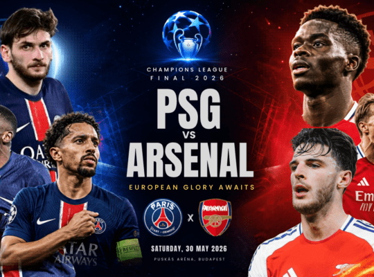 A professional, high-contrast match day sports graphic promoting the 2026 UEFA Champions League Final between Paris Saint-Germain (PSG) and Arsenal on Saturday, 30 May 2026, at the Puskás Aréna in Budapest.