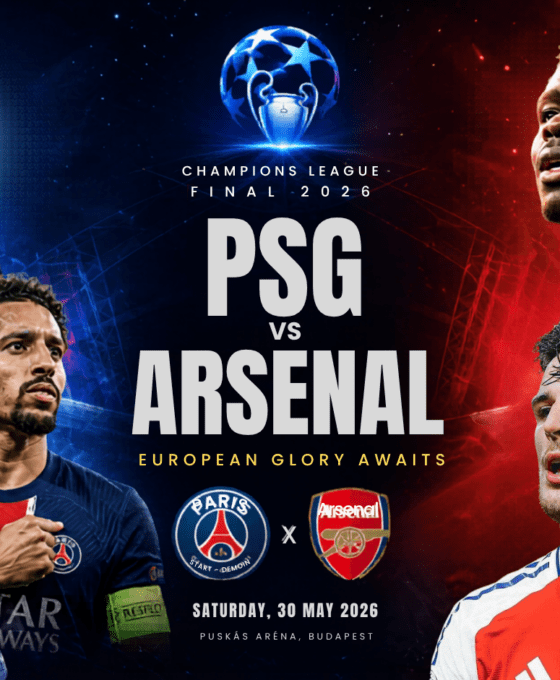 A professional, high-contrast match day sports graphic promoting the 2026 UEFA Champions League Final between Paris Saint-Germain (PSG) and Arsenal on Saturday, 30 May 2026, at the Puskás Aréna in Budapest.