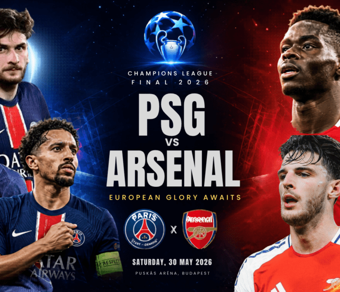A professional, high-contrast match day sports graphic promoting the 2026 UEFA Champions League Final between Paris Saint-Germain (PSG) and Arsenal on Saturday, 30 May 2026, at the Puskás Aréna in Budapest.