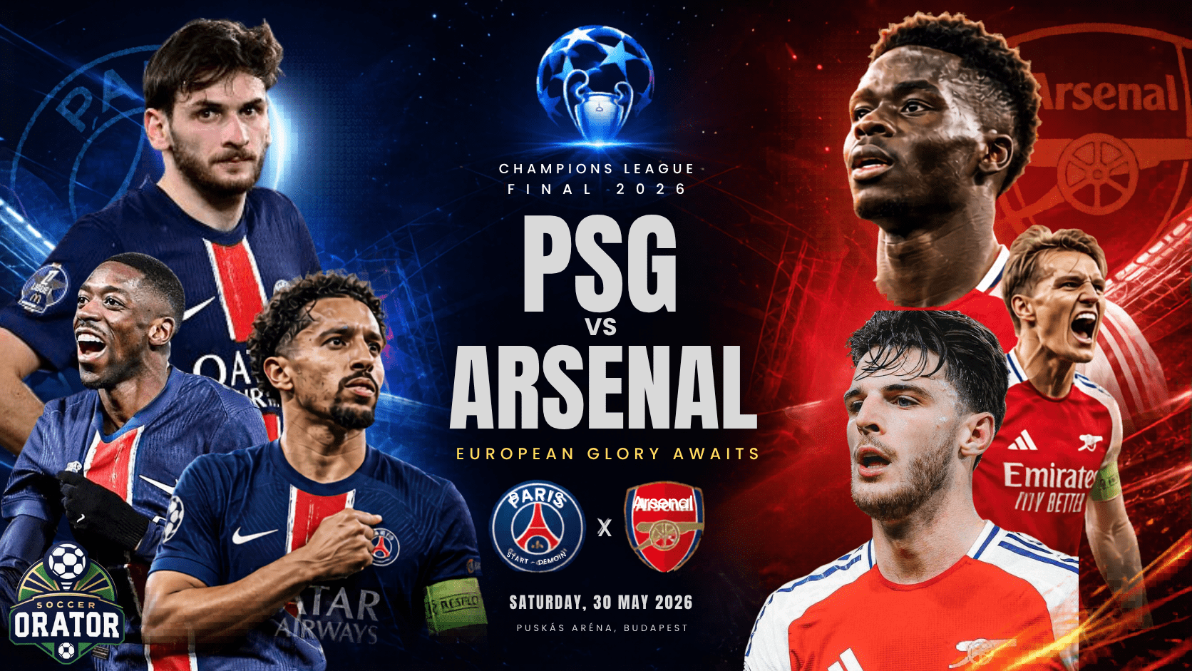 A professional, high-contrast match day sports graphic promoting the 2026 UEFA Champions League Final between Paris Saint-Germain (PSG) and Arsenal on Saturday, 30 May 2026, at the Puskás Aréna in Budapest.